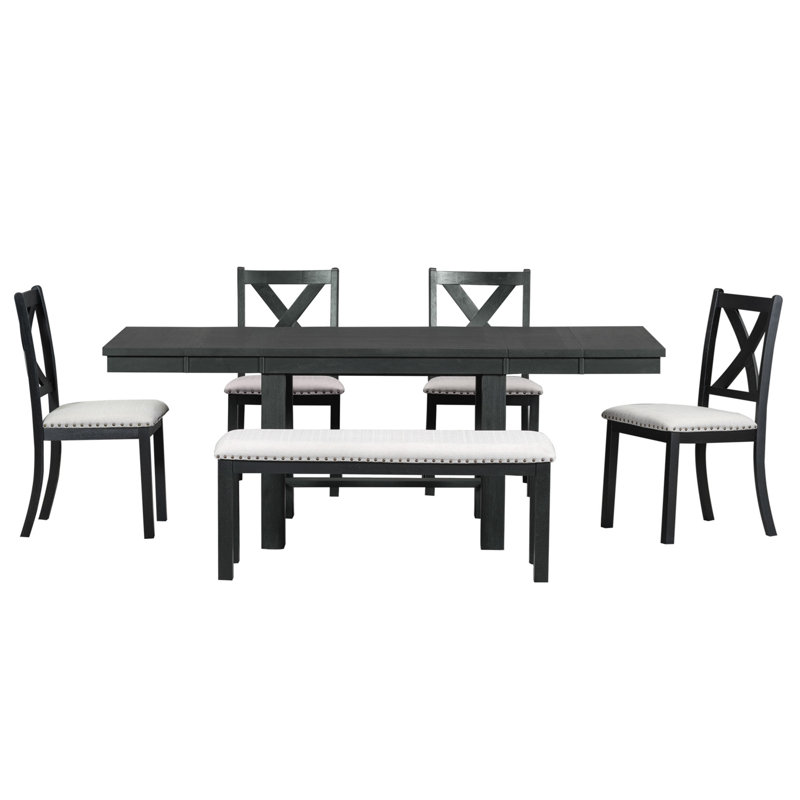 Table de salle à manger extensible Farmhouse avec repose-pieds, 4 chaises rembourrées et banc, 2 rallonges amovibles, Noir