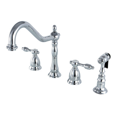 Kingston Brass Tudor Double-Handle 4-Hole Widespread Kitchen Faucet with Brass Sprayer