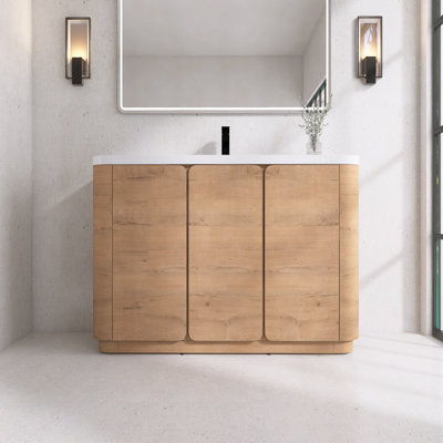 Meuble-lavabo autoportant avec lavabo en résine blanche et portes à fermeture en douceur, imitation chêne