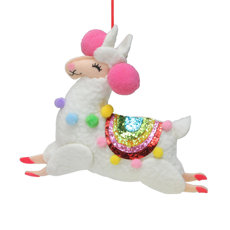 Ornement de Noël 7,5 po en forme de lama blanc avec selle arc-en-ciel