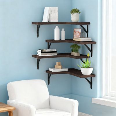 Ensemble de 4 tablettes d'angle flottantes en bois rustique pour la maison, la salle de bain, la cuisine, la chambre à coucher, le salon et le bureau