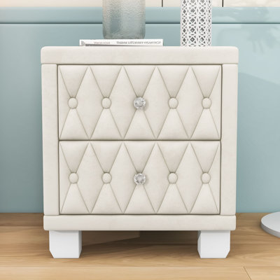 Upholstered Nightstand with 2 Drawers and Crystal Handle