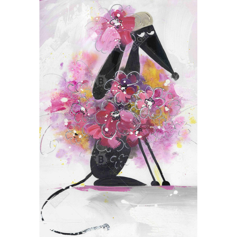 Dessin de chien avec des fleurs roses - Art illustratif sur toile