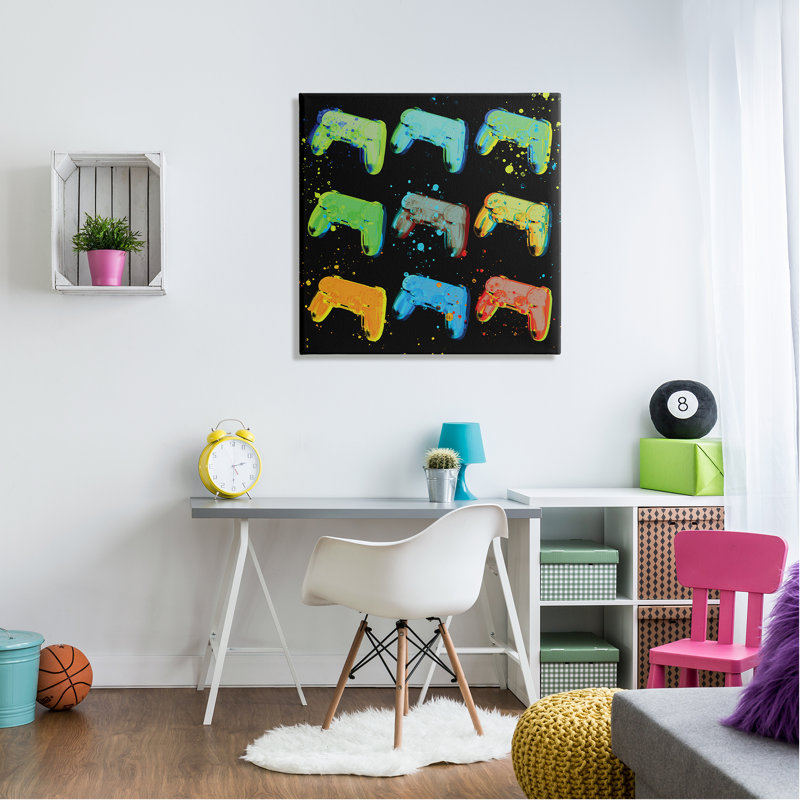 «Neon Pop Style Gaming Controllers Paint Splatter» par Daphne Polselli, impression sur toile tendue