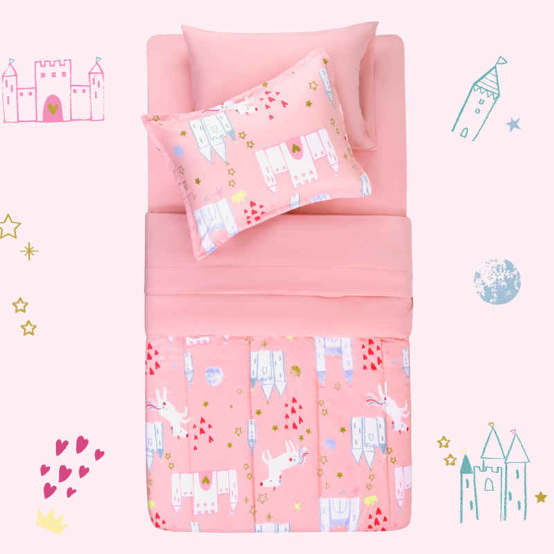 Full Pink Microfiber Kids Unicorn Castle Comforter Set