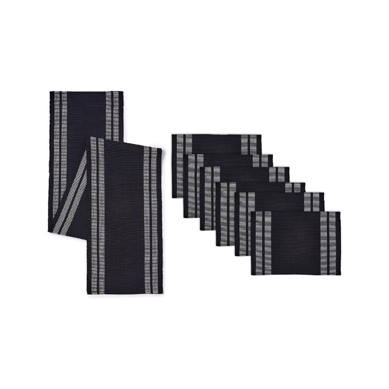Table Runner and Placemats Set 6 Fine Ribbed Cotton Ladder Black 1 Table Runner Size 32x183 cm Each Table Mat Size 48x32 cm