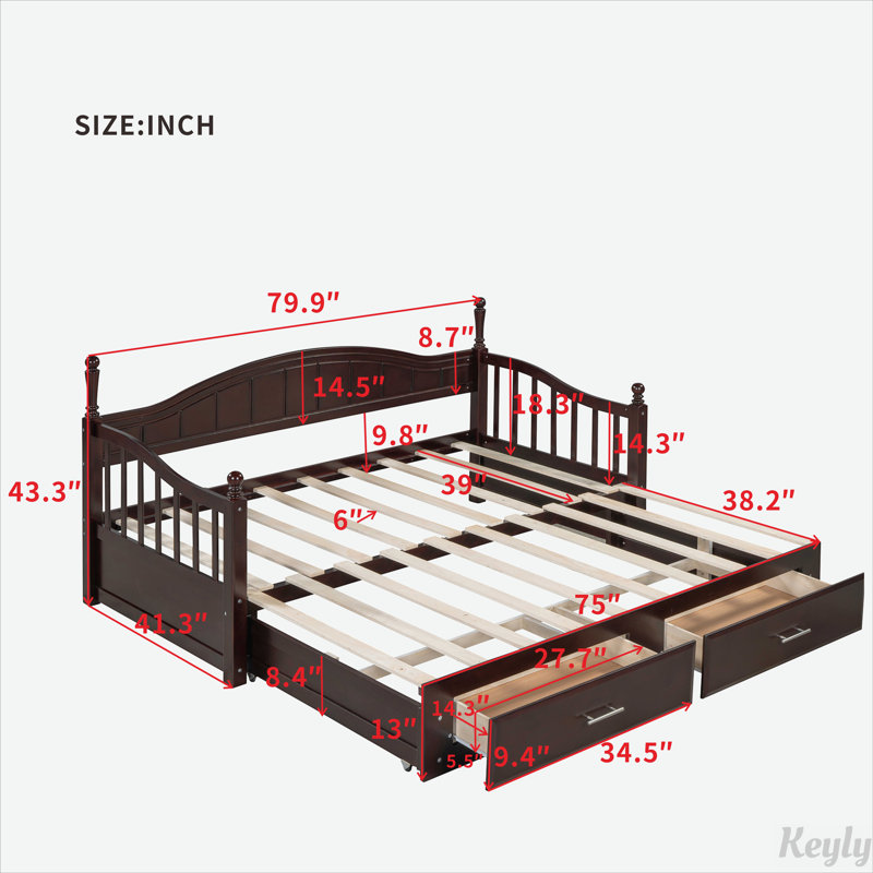 Lit de jour extensible en bois avec lit gigogne simple et tiroirs, Espresso
