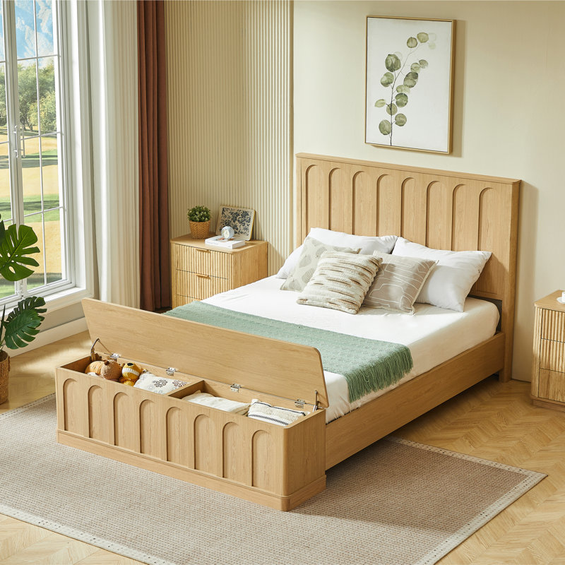 Lit Queen avec rangement hydraulique, plateforme en MDF imitation chêne, style moderne du milieu du siècle, Brun 1