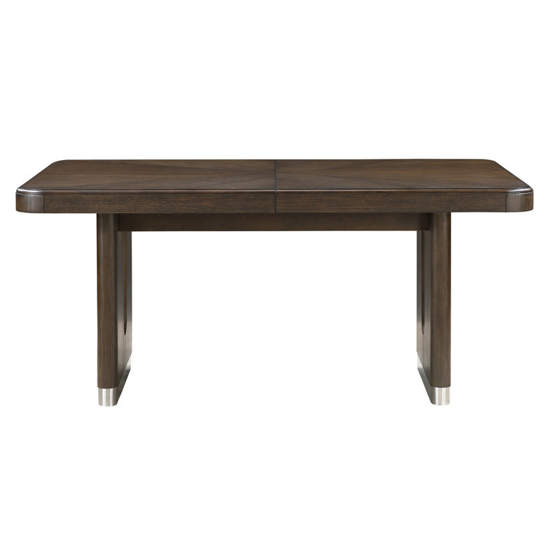Modern Rectangular Wooden Dining Table with Extension Leaf, Durable Metallic Accent Base, Brown Finish