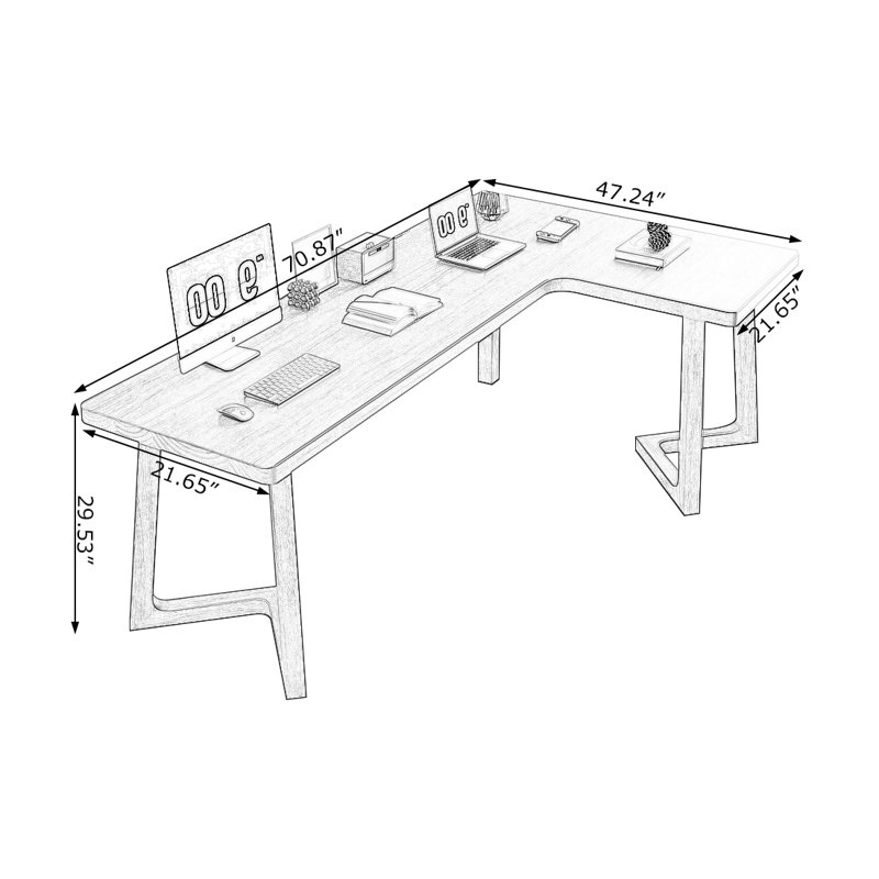 Bureau d'écriture en L en bois massif brun noisette, Retour à droite, H 29,53 po x l 70,87 po x P 47,24 po