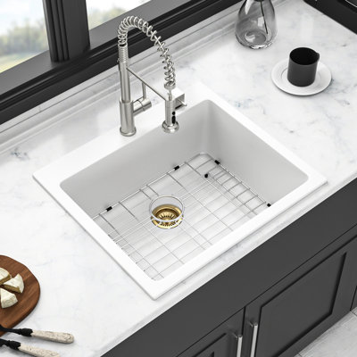 White Drop - In Quartz Kitchen Sink 25X22", Smooth And Hard Quartz, Eliminates Noise Dirt Buildup, Includes Strainers Assembly Vibration Noise, Non Porous Surface, Comes With Multiple Accessories For