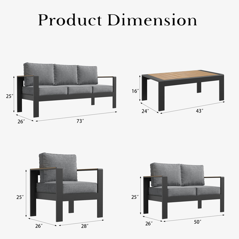 5 Pieces Outdoor Aluminum Furniture Set With Coffee Table For Outside Patio, Modern Patio Conversation Chat Set, Dark Grey