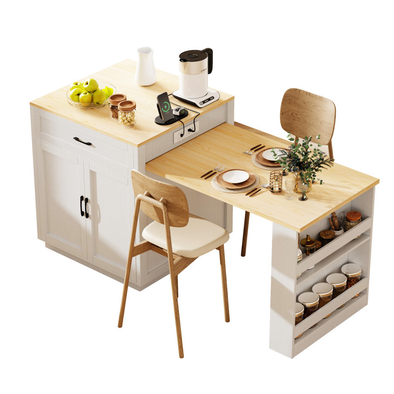 82.7 Inch Extendable Kitchen Island Dining Table For 2-6, White Wood Grain, Double Storage, 2 Ac Outlets, 1 , Type-C, Drawers With 82.7", White, Storage Design, Drawers, Side Shelves, Easy Maintenance