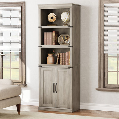 Farmhouse 5-Tier Wooden Entryway Storage Cabinet with Doors - 62" Wide Sturdy Bookcase Organizer for Home Office, Living Room, Bedroom - Rustic Gray