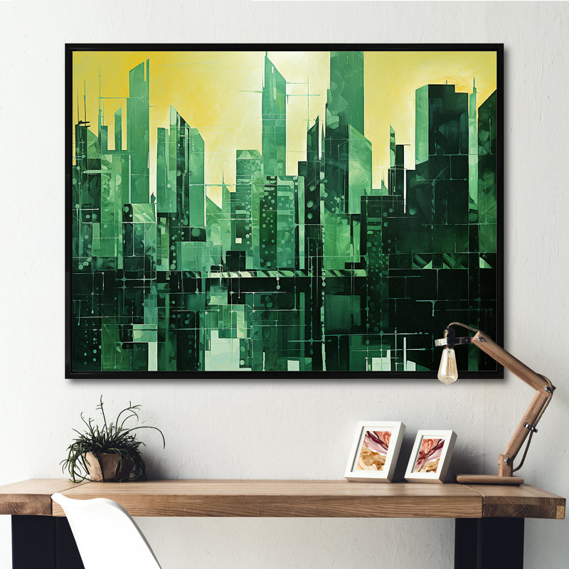 «Jade Juxtaposition Green Skyscraper Cityscape I», reproduction sur toile, Cadre flottant noir, H 30 po x l 40 po x P 1,5 po