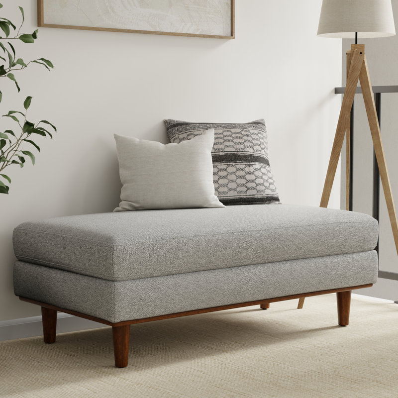 Morrison 49"W Large Upholstered Ottoman with Solid Wood Legs, Mist Gray