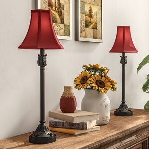 Esquer 25.75" Brenda Bronze Buffet Table Lamps with Burgundy Fabric Bell Shades, Bronze