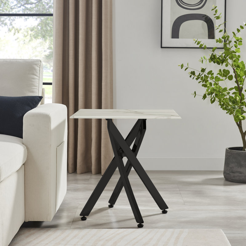 Leonardo Side Table Grey Glass Marble Top Silver Legs, Black Powder Coated Metal, White Marble Effect