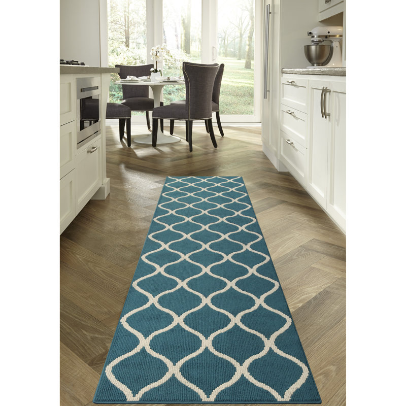 Tapis bleu poils longs Hershman, Tapis de couloir beige