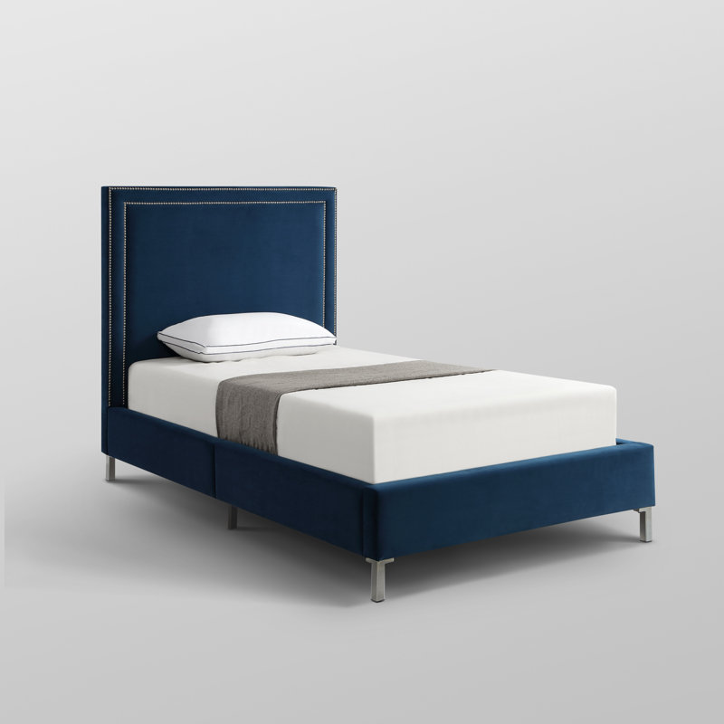 Crampton Upholstered Platform Bed, Navy, Velvet, Twin