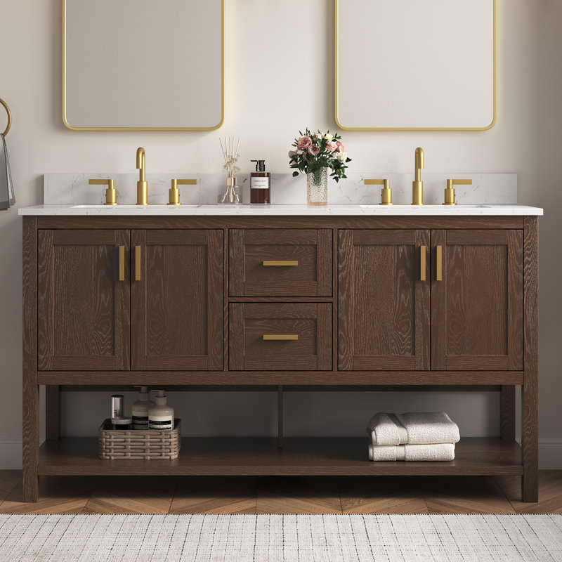 Meuble-lavabo autoportant en noyer de 60 po avec double lavabo et plateau en pierre artificielle Aastha, 60"