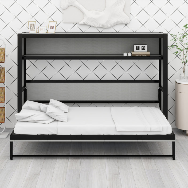 Lit escamotable avec tablettes, lit escamotable en métal au design pliable et peu encombrant, Gris