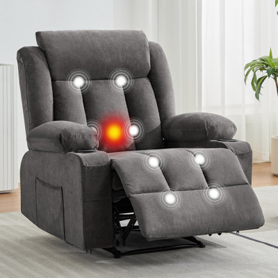 Fauteuil inclinable de massage avec chaleur et 8 points, fauteuil inclinable à bascule 90-155 ° avec porte-gobelets, fauteuil de détente robuste de 400 lb avec poches, canapé ergonomique en microfibre pour le salon, le bureau, gris