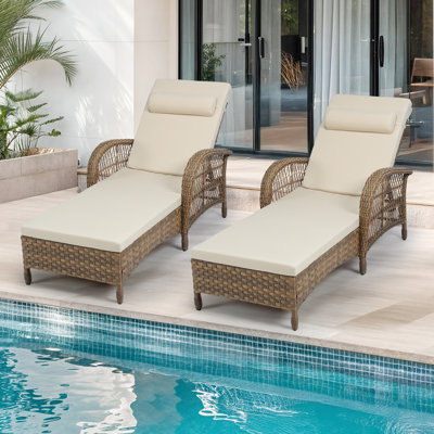 Outdoor Wicker Chaise Lounge Chair Set Of 2, 76.98" Long All Weather Pe Rattan Patio Lounge Chair, 6 Position Adjustable Pool Reclining Sunbathing Chair For Outside, Armrest & Head Pillow, Beige