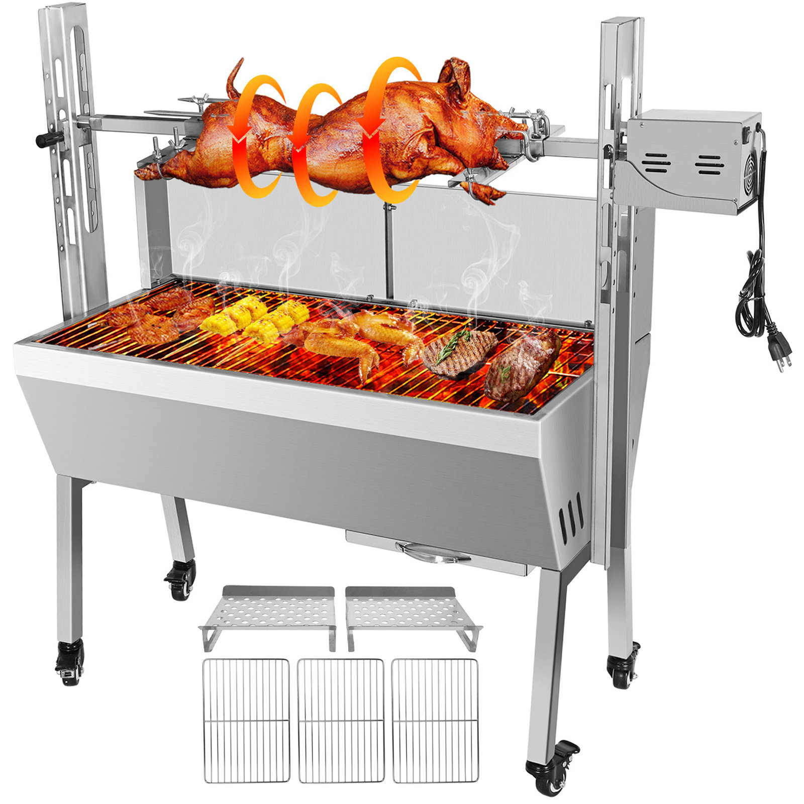 Domccy® 37" Electric Stainless Steel Rotisserie bbq built in Barrel Charcoal Grill with wind shield & | Wayfair