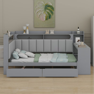 Daybed With Storage Shelves,Drawers,Charging Station,LED Light,Desk And Upholstered Headboard And Backrest
