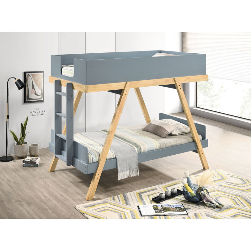 Lit superposé simple bleu avec attrait moderne, finition Van, rails de style tréteaux et facilité d'accès pour les soirées pyjama