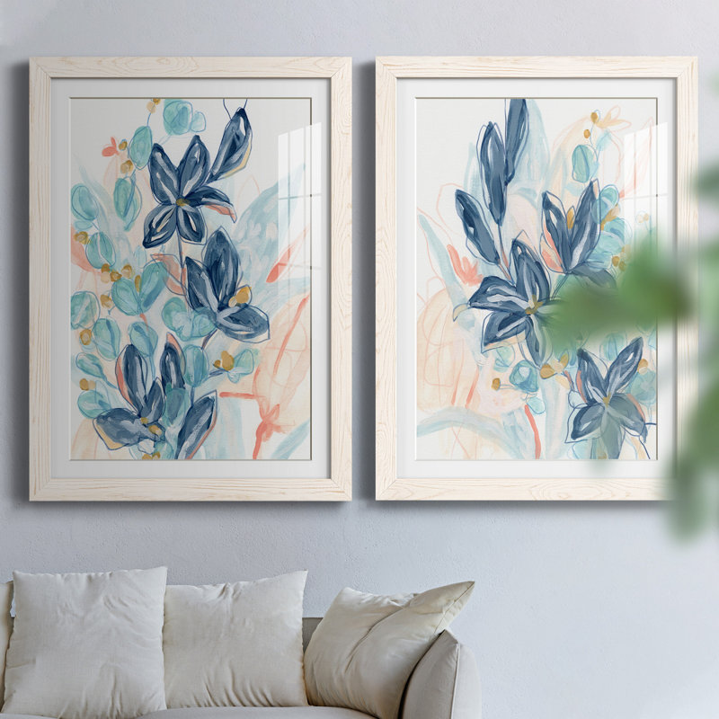 «Blooming Blues I», ensemble de 2 reproductions d'art, Papier encadré blanc, H 43,5 po x l 31,5 po x P 1 po, Blanc