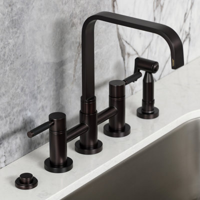 Kingston Brass Kaiser Two-Handle 4-Hole Deck Mount Bridge Kitchen Faucet with Brass Side Sprayer