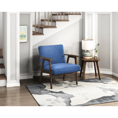 Chaise d'appoint contemporaine de style Mid-Century bleu avec tissu texturé, enveloppée, coussins de dossier et de siège attachés modernes pour le salon, bois d'hévéa brun, ornement de bureau