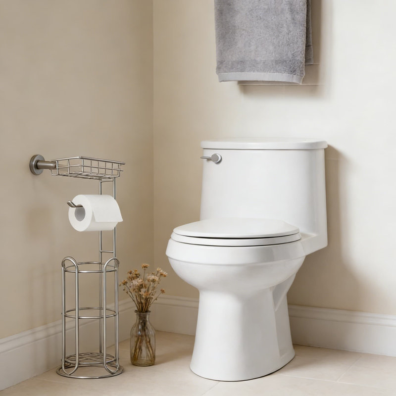 Freestanding Toilet Paper Holder Stand With Magazine Rack And Phone Shelf - All-In-One Bathroom Organizer For Mega Rolls, Tablets, And Essentials