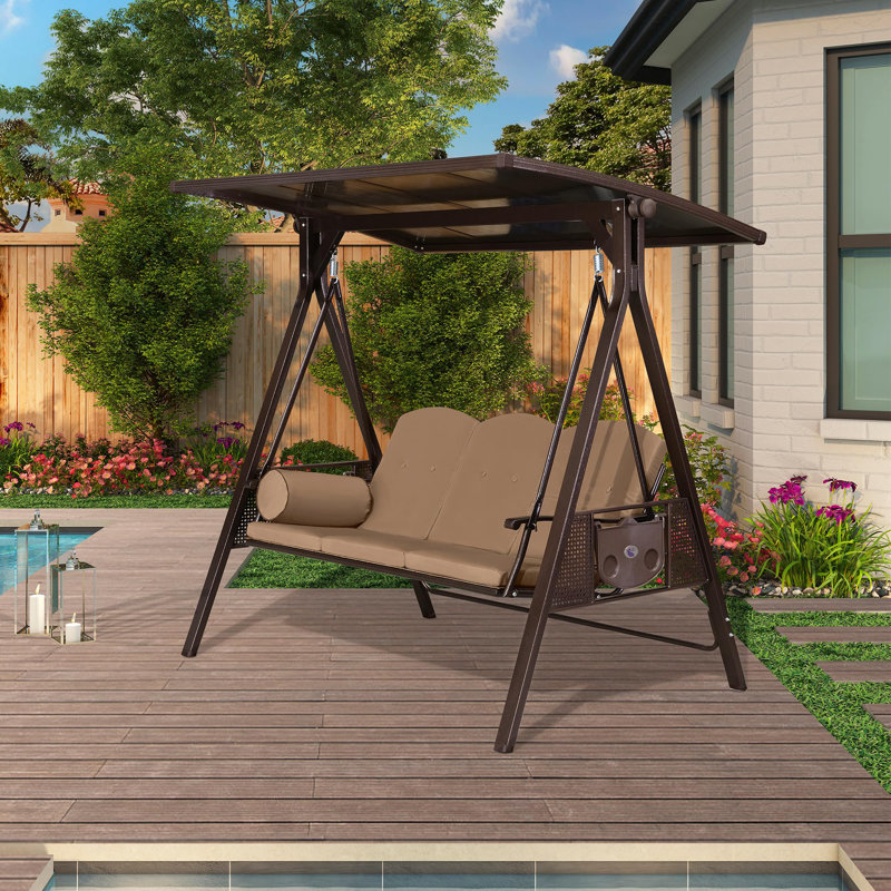 3-seat Large Porch Swing with Stand with Adjustable PVC Canopy and Cushions and Pillow Included, Brown Frame/Khaki Cushion