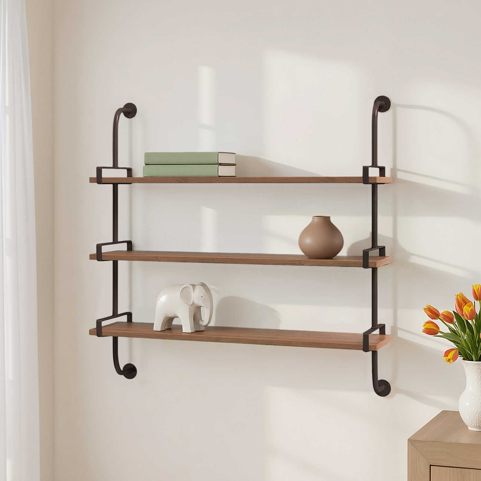 Amie 38" Industrial Pipe Shelves, Brown/Black