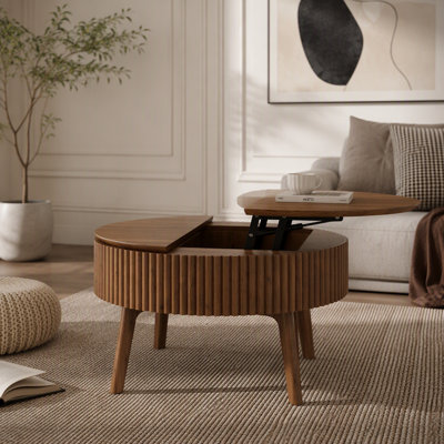 Modern Round Lift-Top Coffee Table with Half Flip-Top & Hidden Storage, Solid Wood Mid-Century Coffee Table with Fluted Design, 30.3" Walnut Space-Saving Center Table