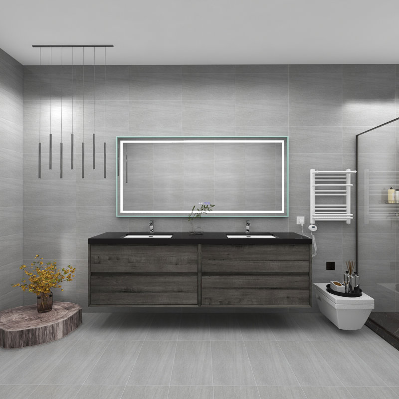 Ensemble de meuble-lavabo double mural 84 po Calarco Kody, Chêne fumé