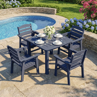 5 Piece Outdoor HDPE Dining Set, All-Weather Patio Table and Chairs W/ Umbrella Hole, Low Maintenance for Porch, Backyard