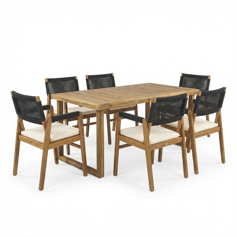 Brendalyn Patio 7-Piece Acacia Wood Dining Set With Rope Woven & Cushions, Sandblast Natural/Black