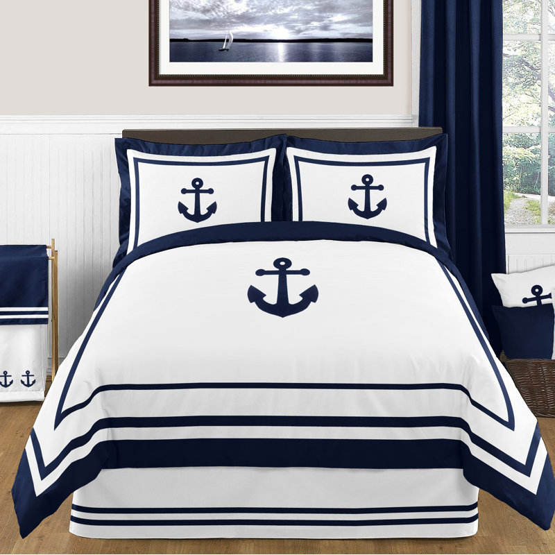 Navy and White Cotton Full Bedding Set with Anchor Design