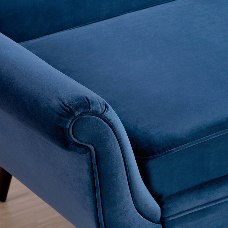 Chaise avec accoudoirs à volutes, tissu de couleur bleue, sièges confortables, mousse, structure intérieure en bois massif, méridienne conique avec pieds en bouleau et bleu, fabrication confortable, rembourrage en mousse, l 68,12 po x P 28,65 po