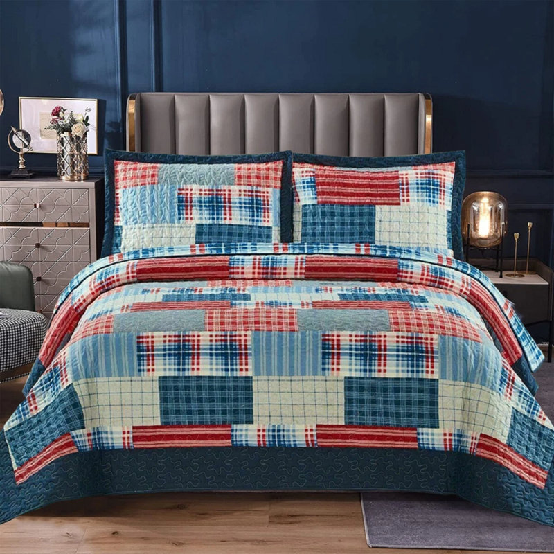 Cotton Blend Patchwork Duvet Cover Set with Pillowcases, Red, Kingsize Duvet Cover Set + 2 Standard Pillowcases