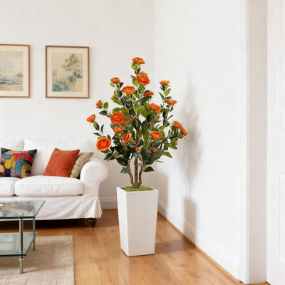 4FT Artificial Camellia Bush with Orange Fall Flowers, Faux Potted Plant for Indoor & Outdoor