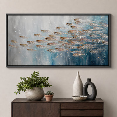 Blue School of Fish Ocean Artwork, Bathroom Pictures, Framed Canvas Giclee Print 3 Pieces Wall Art