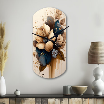 Brown And Blue Hibiscus Bouquet III - Hibiscus Asymmetrical Metal Wall Clock, Traditional Cylinder Wall Clock Print