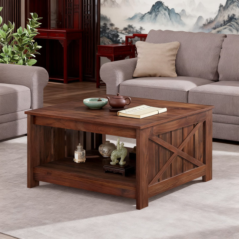 Table basse Farmhouse avec rangement, table centrale carrée en bois à 2 niveaux avec compartiment de rangement semi-ouvert et clôture latérale pour le salon