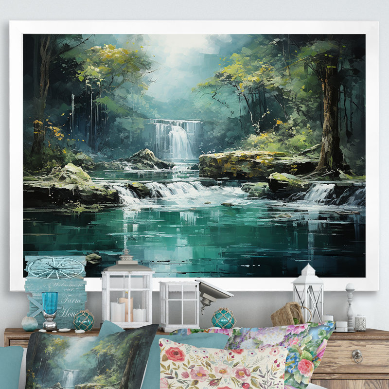 Cascade, paysage de falaise III, H 16 po x l 32 po x P 1 po, Cadre simple blanc