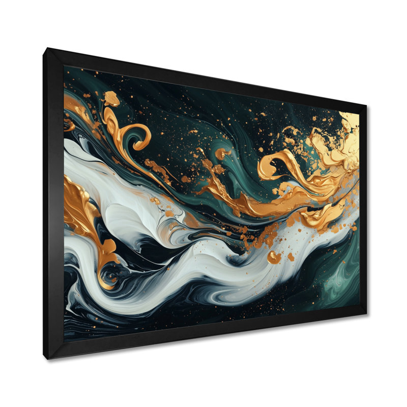 «Gold Green Temporal Fluidité III», art abstrait à l'encre liquide, H 30 po x l 40 po, Cadre de photo unique, Noir